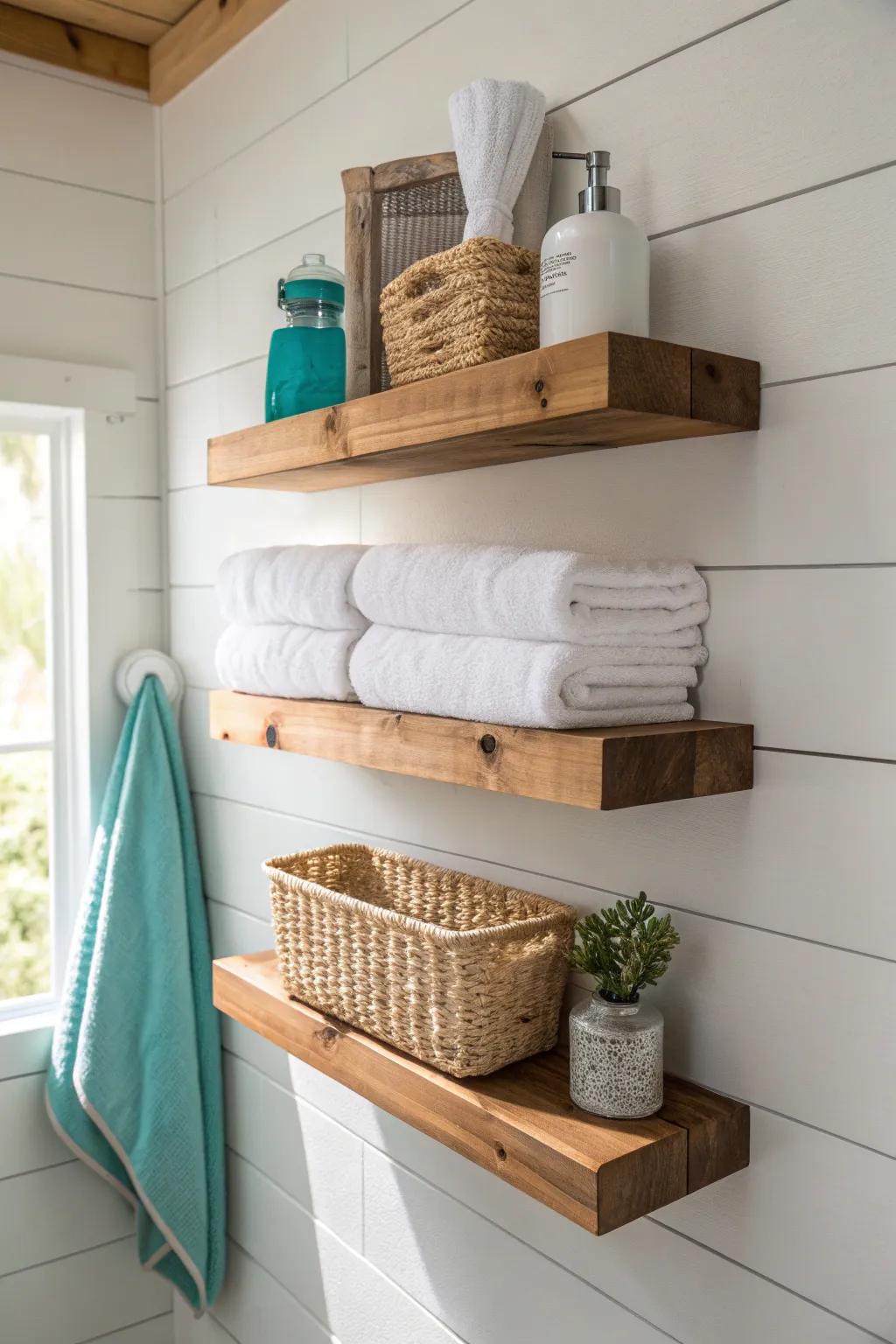 Chunky pine floating shelves + rolled white towels for an airy, beach-cottage bathroom look.