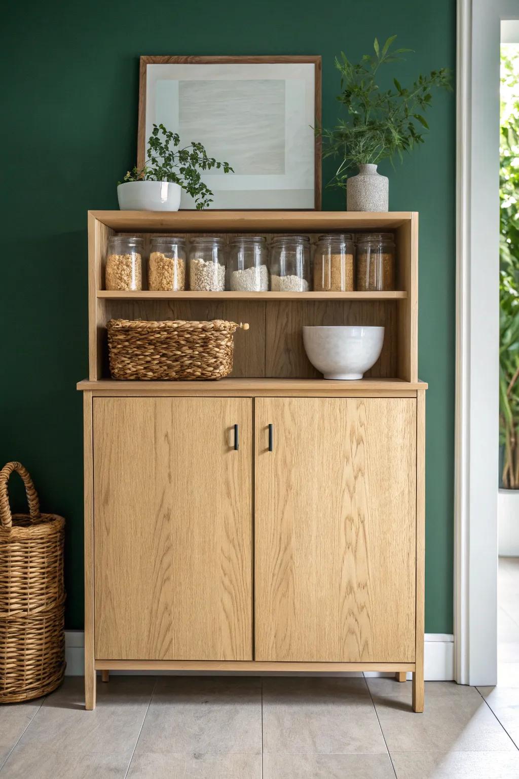 Closed cabinets hide the chaos—open shelves show off your prettiest jars and baskets.
