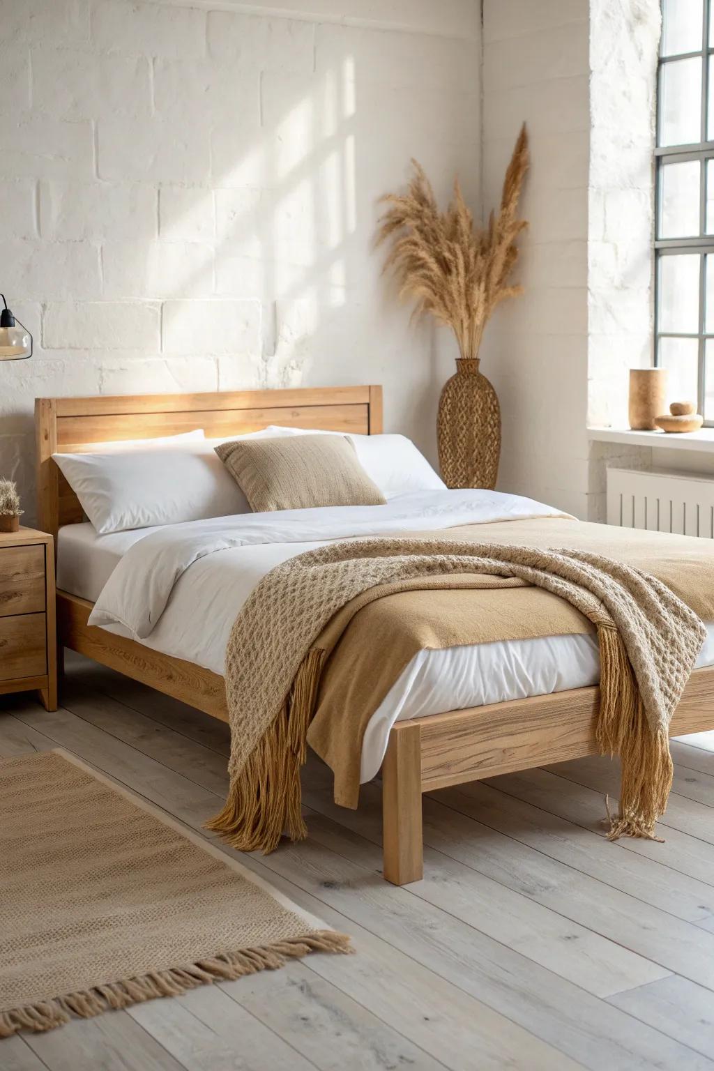 Light oak bed + warm beige layers for a bright, modern look that still feels cozy.