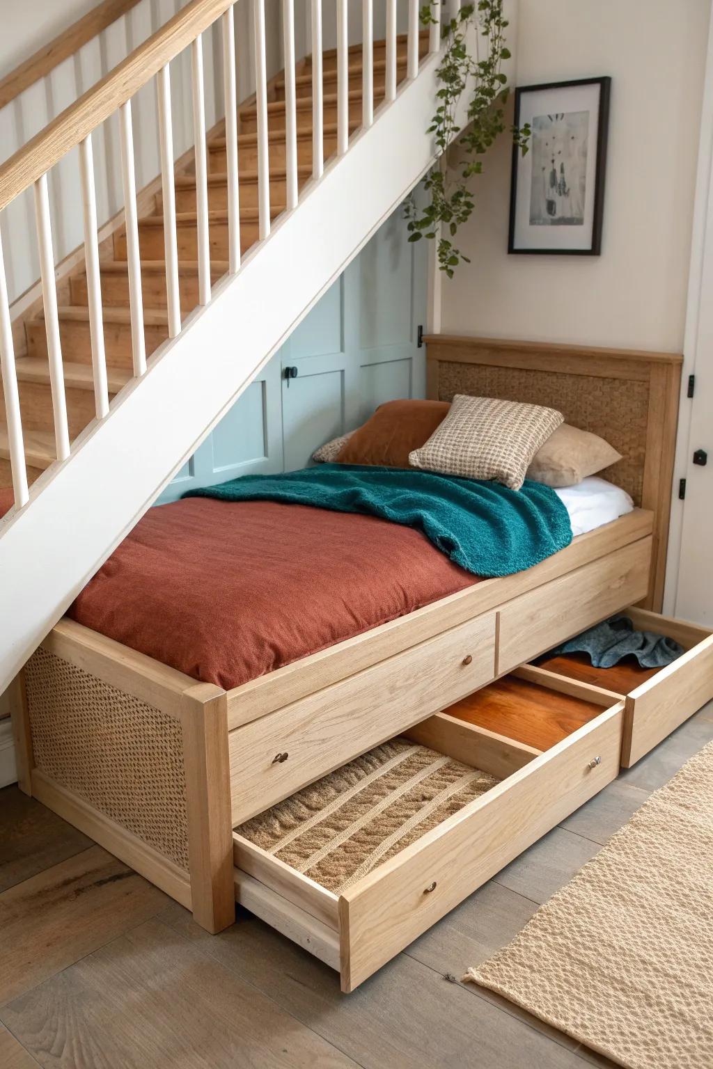 A sleek under-stairs trundle bed that rolls out for sleepovers and tucks away flawlessly.