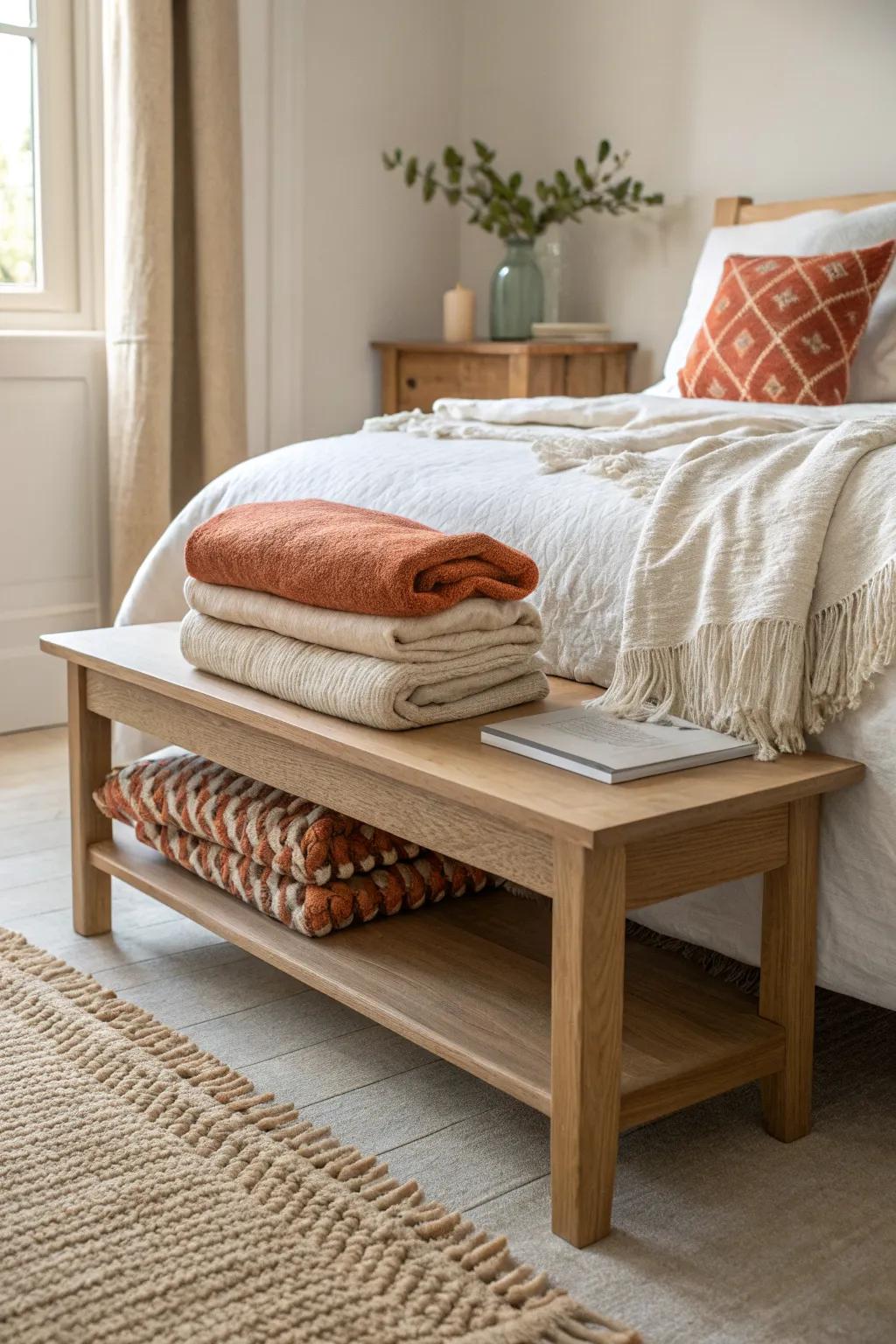 A foot-of-bed bench with an open blanket shelf—cozy layers stored neatly and beautifully.