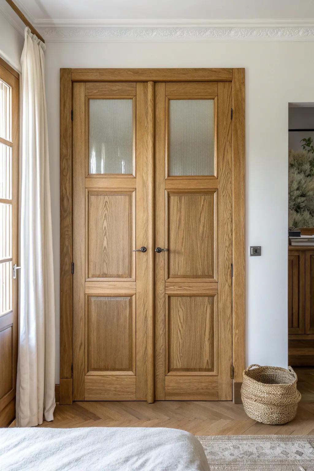 French-style solid wood closet doors—dressy, furniture-like, and perfect for wide openings.