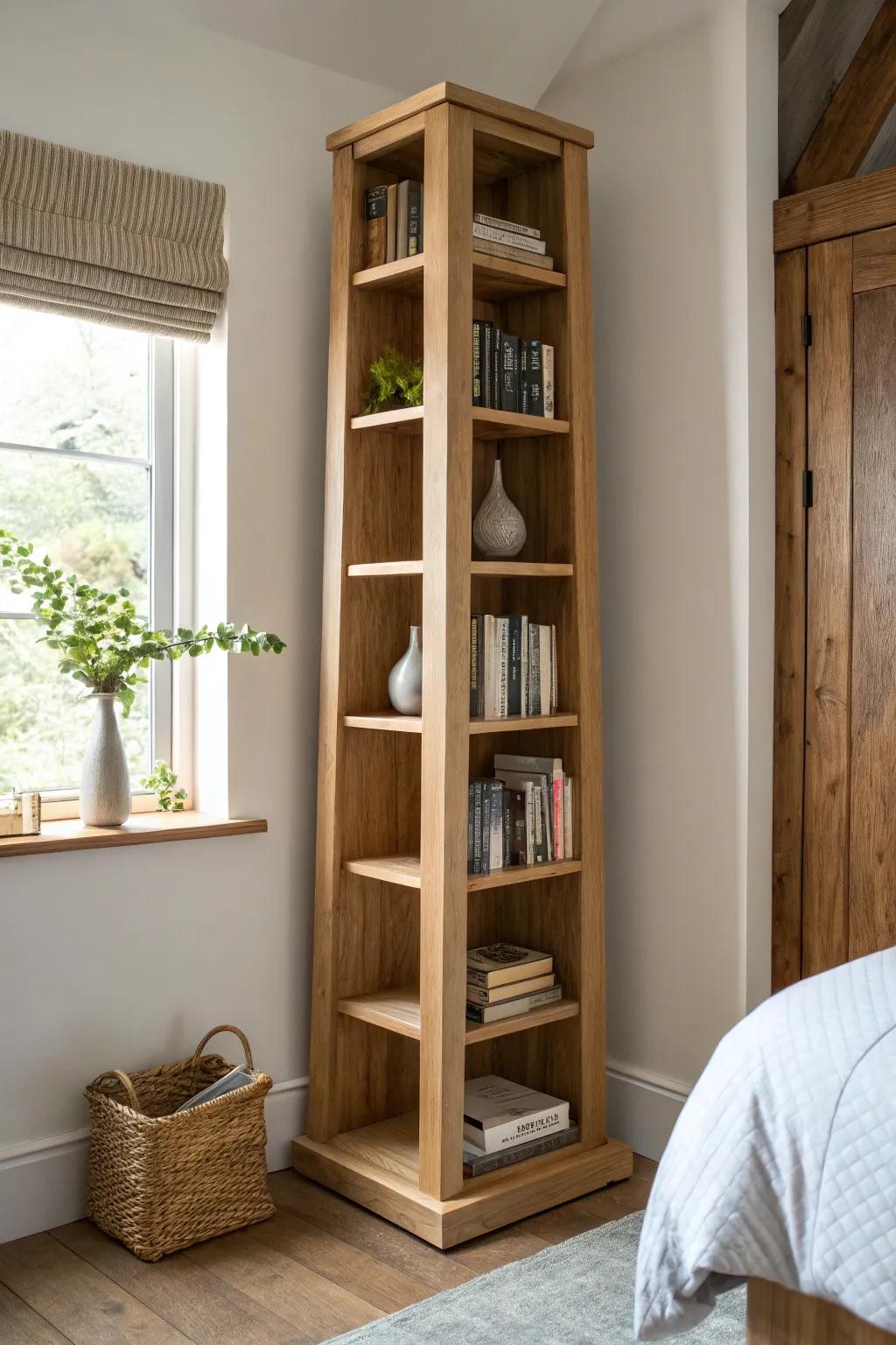 A slim oak corner bookcase tower that climbs to the ceiling—books plus airy shelves for balance.