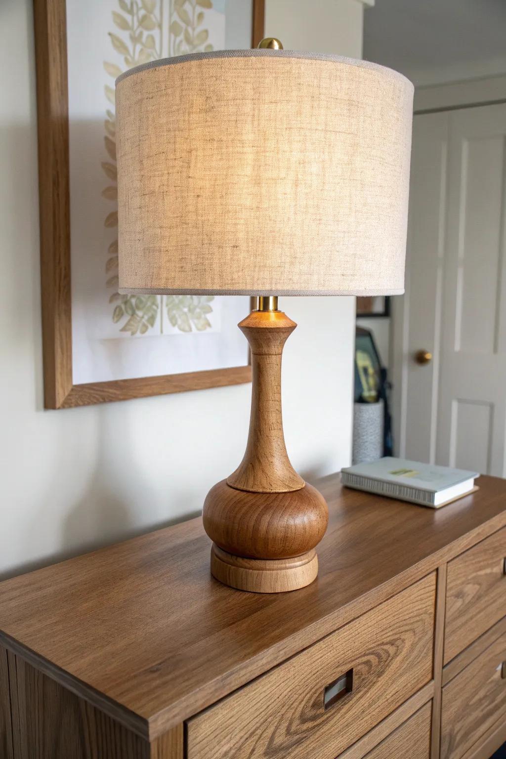 A warm wooden table lamp adds height, balance, and a clutter-free anchor on your dresser.