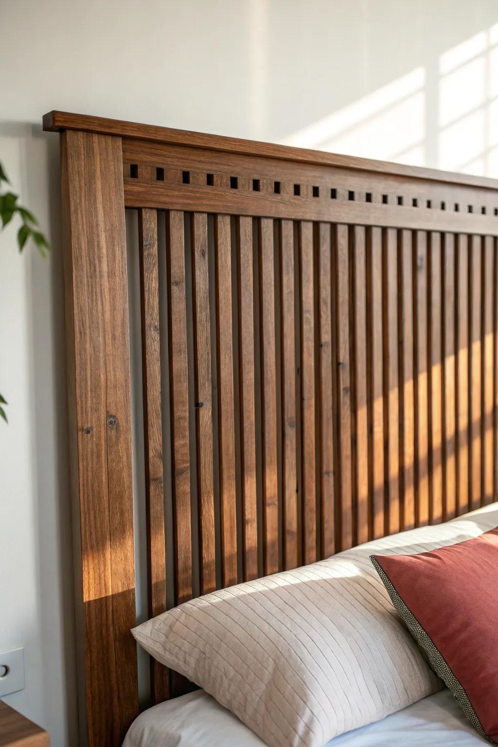Vertical walnut slat headboard—modern rhythm, warm texture, and cozy contrast in soft light.