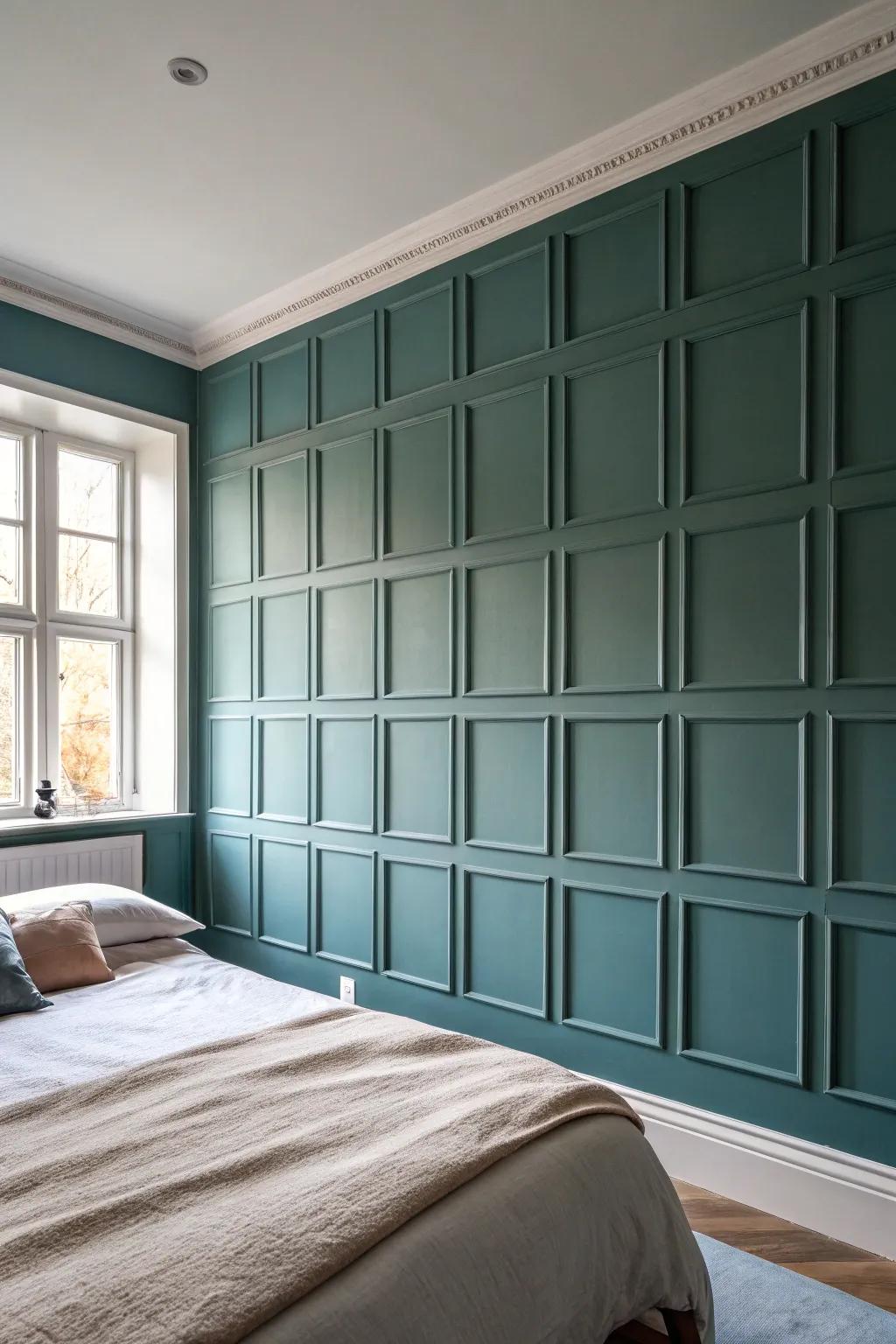 Crisp full-wall panel molding grid—clean lines with soft linen contrast for a custom look.