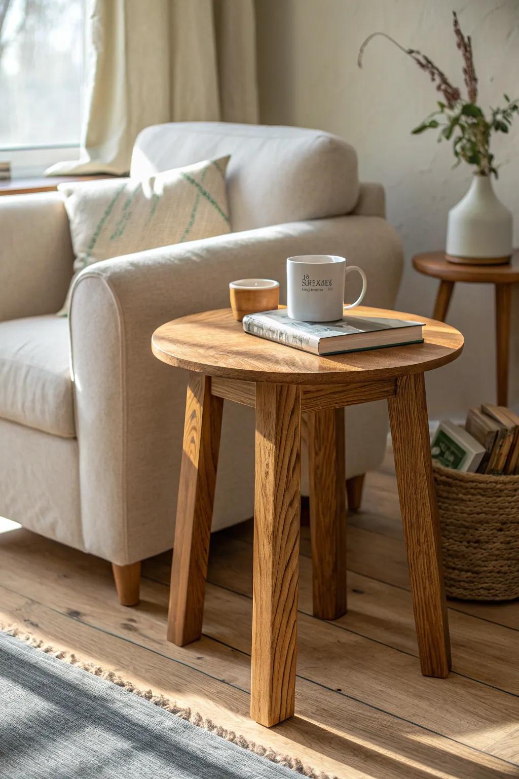 A corner reading nook made simple: one handcrafted wood side table and a comfy chair.