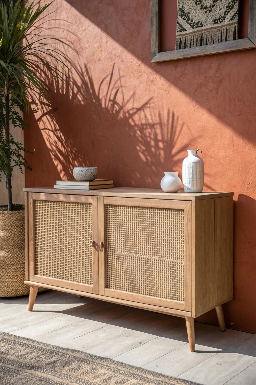 Light oak sideboard with cane doors brings soft, airy texture and modern warmth to bedrooms.