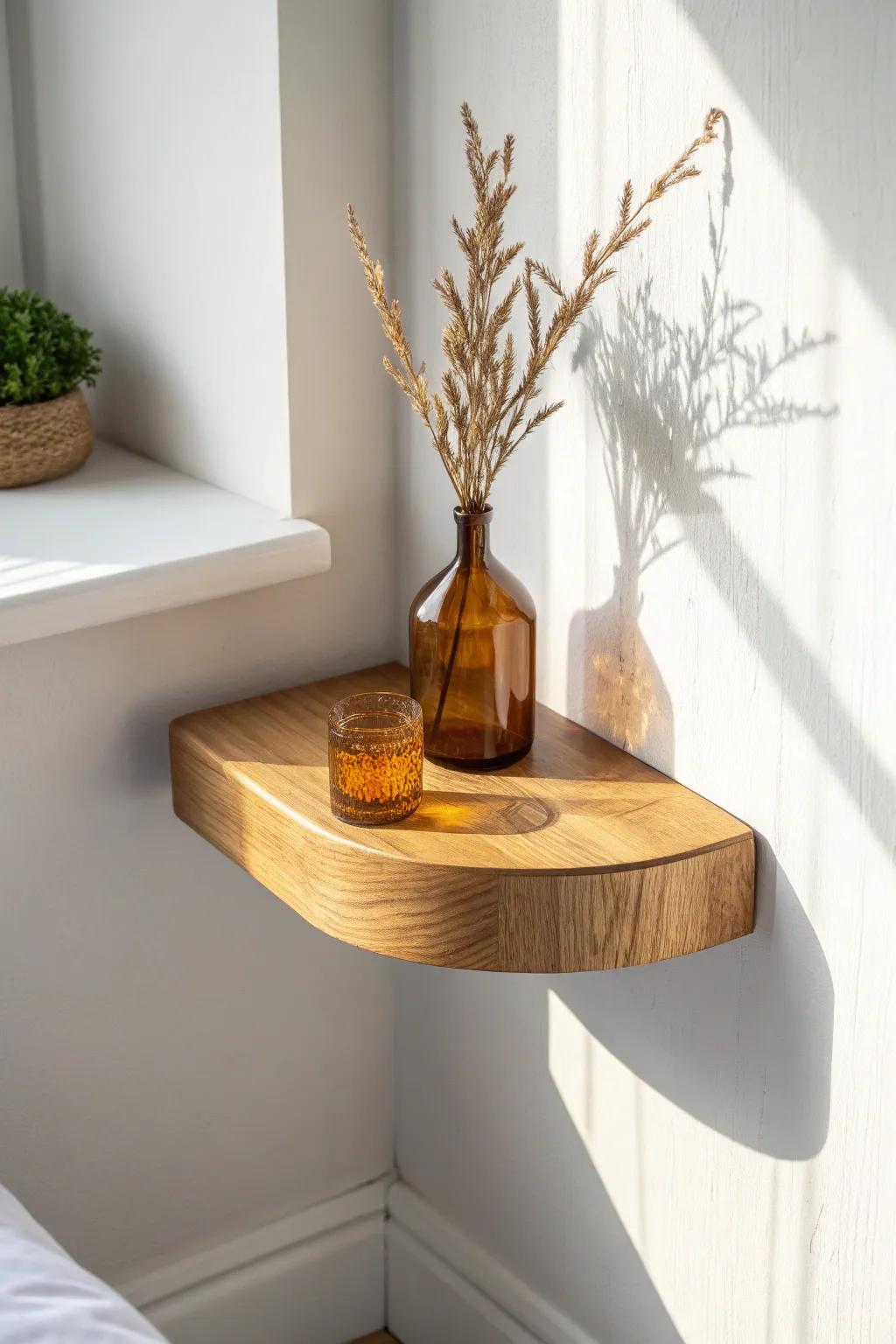 A space-saving corner floating shelf—warm oak grain, clean lines, and bold light.