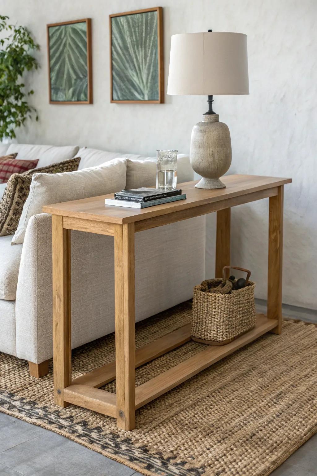 A slim oak behind-couch table that adds style and function without stealing walkway space.