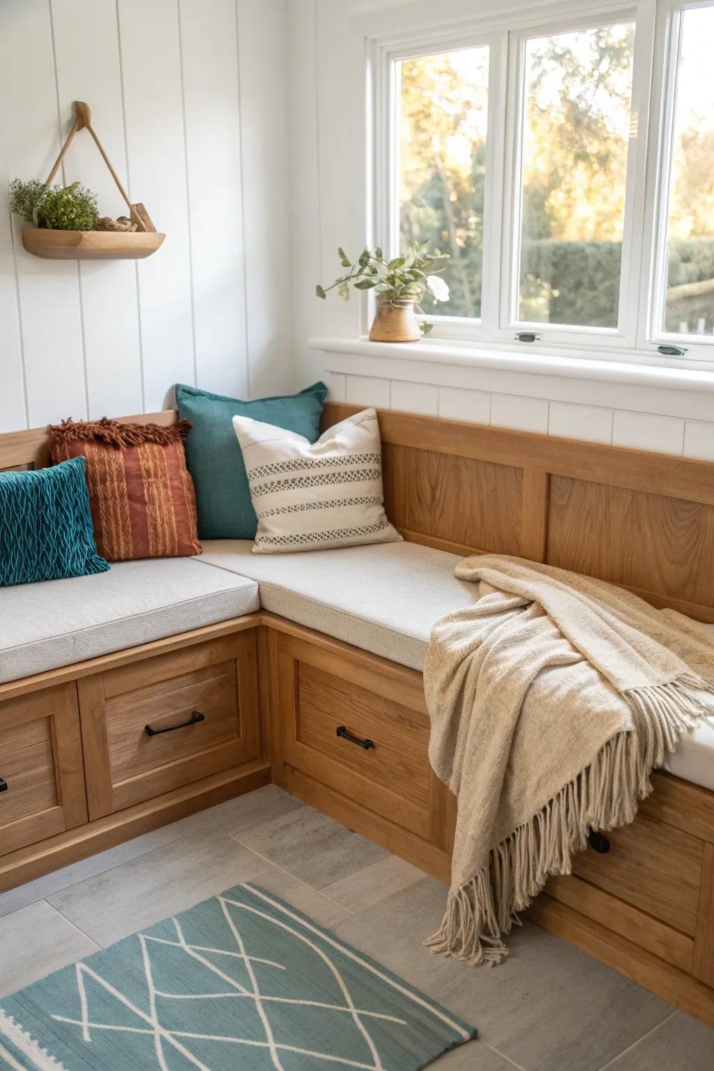 Corner nook magic: an L-shaped oak breakfast bench, softened with bold boho pillows.