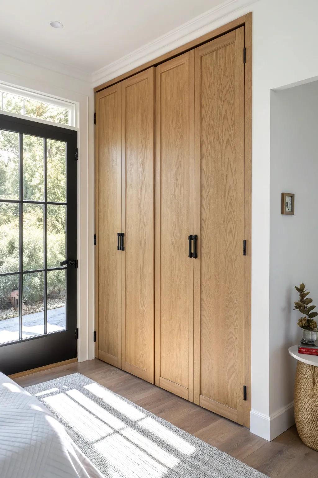 Oversized matte-black pull on oak bifold door—an instant hardware upgrade that feels furniture-like.