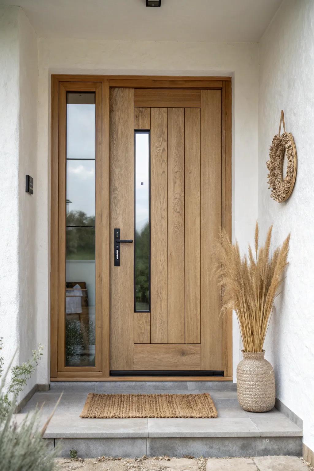 Oversized oak door with off-center reeded glass lites—bright entry light with modern privacy.