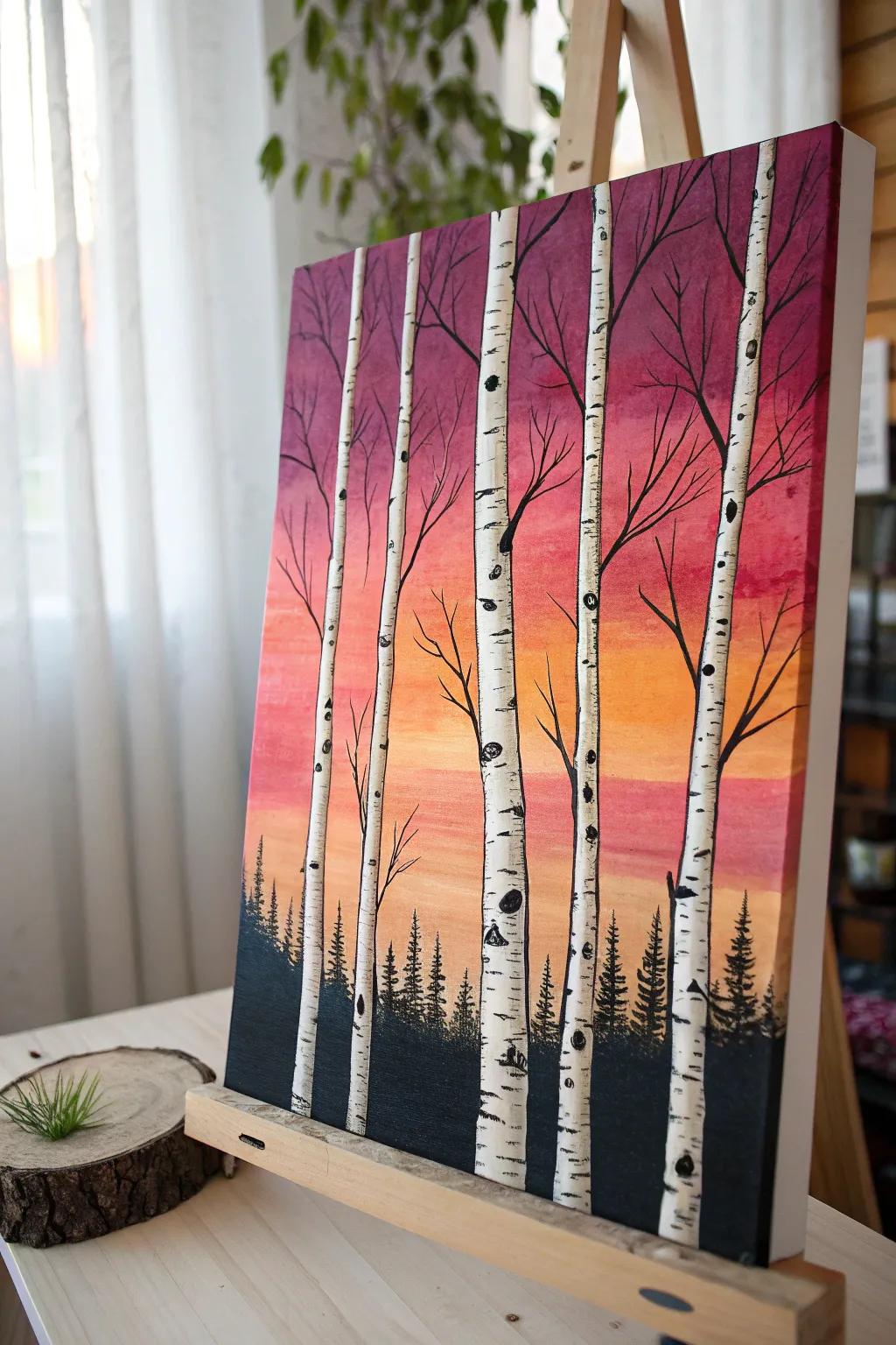 Bask in the warm embrace of a sunset glow peeking through a tranquil birch forest.