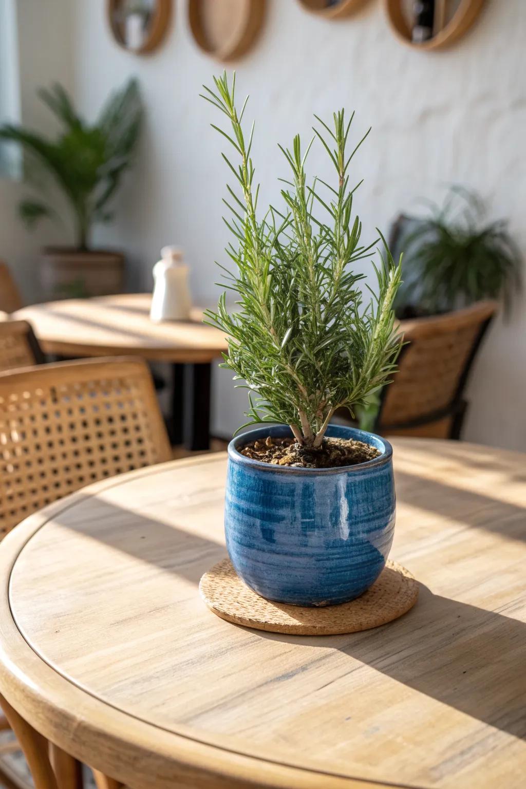 Snip-ready rosemary in a bold pot—instant bistro charm and fresh scent at the center.