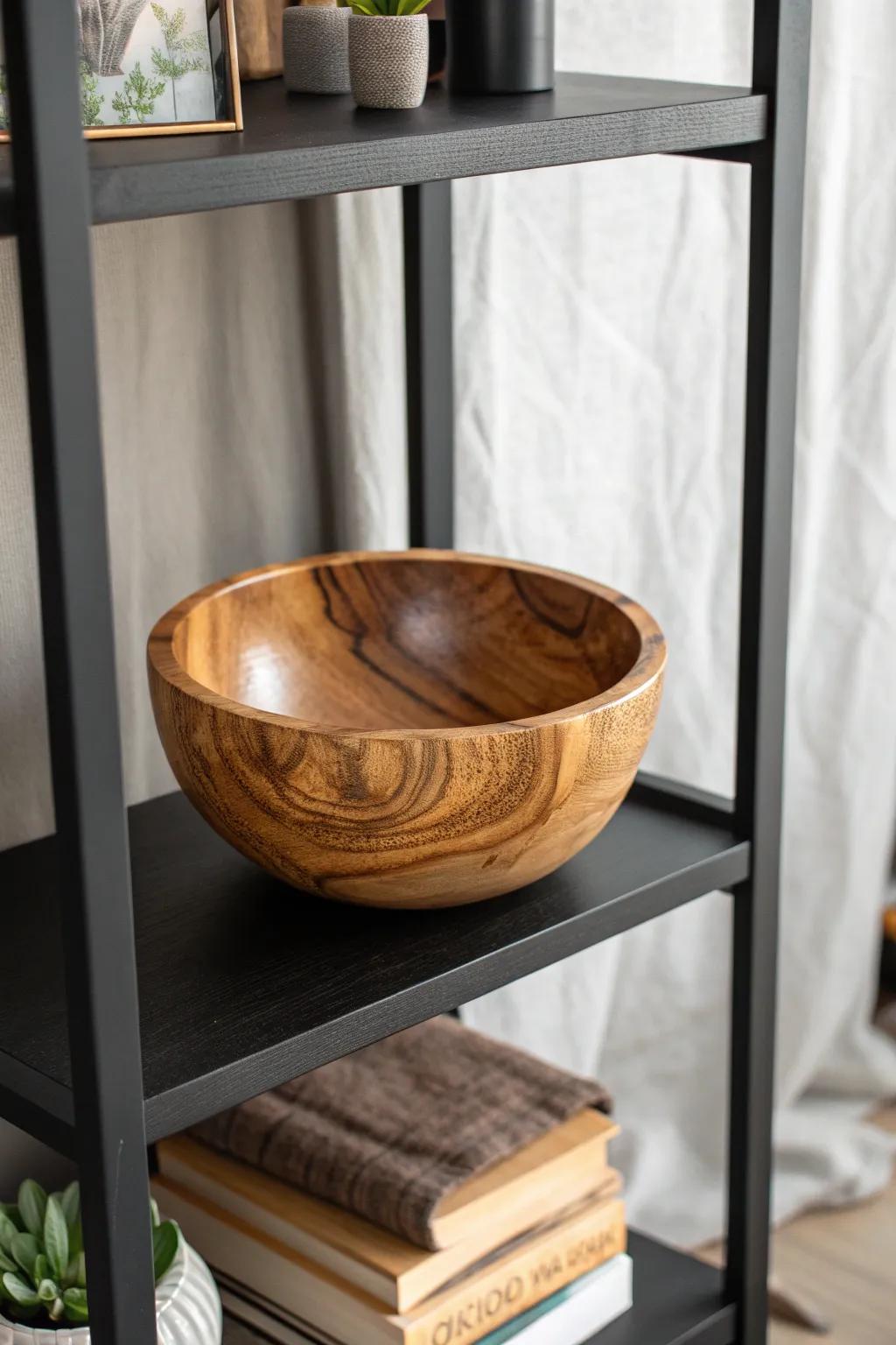 Warm wood grain against a matte-black shelf adds instant depth, softness, and handmade charm.