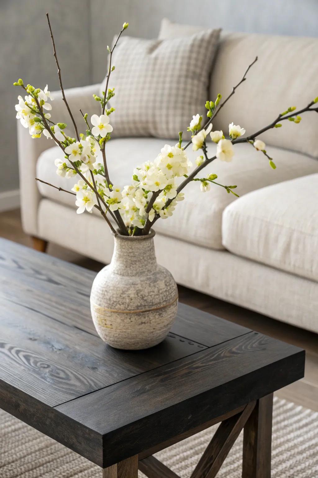 One bright vase of white blooms makes a black coffee table feel crisp, calm, and cozy.