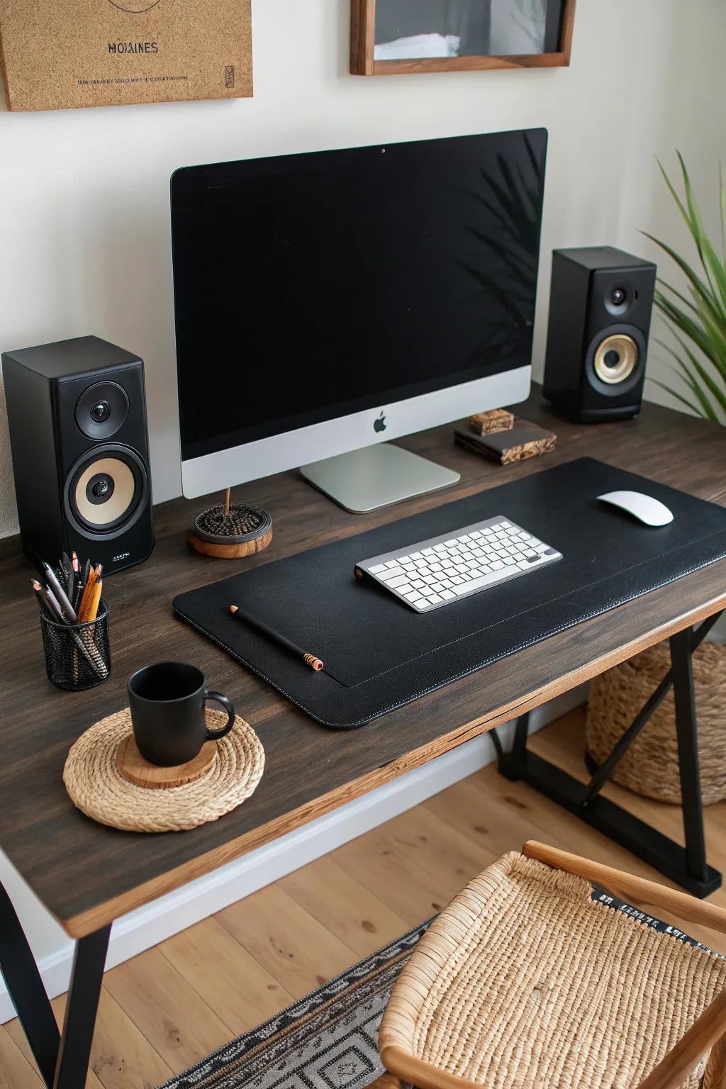 Perfectly centered symmetry makes a black desk setup feel calm, finished, and clutter-proof.