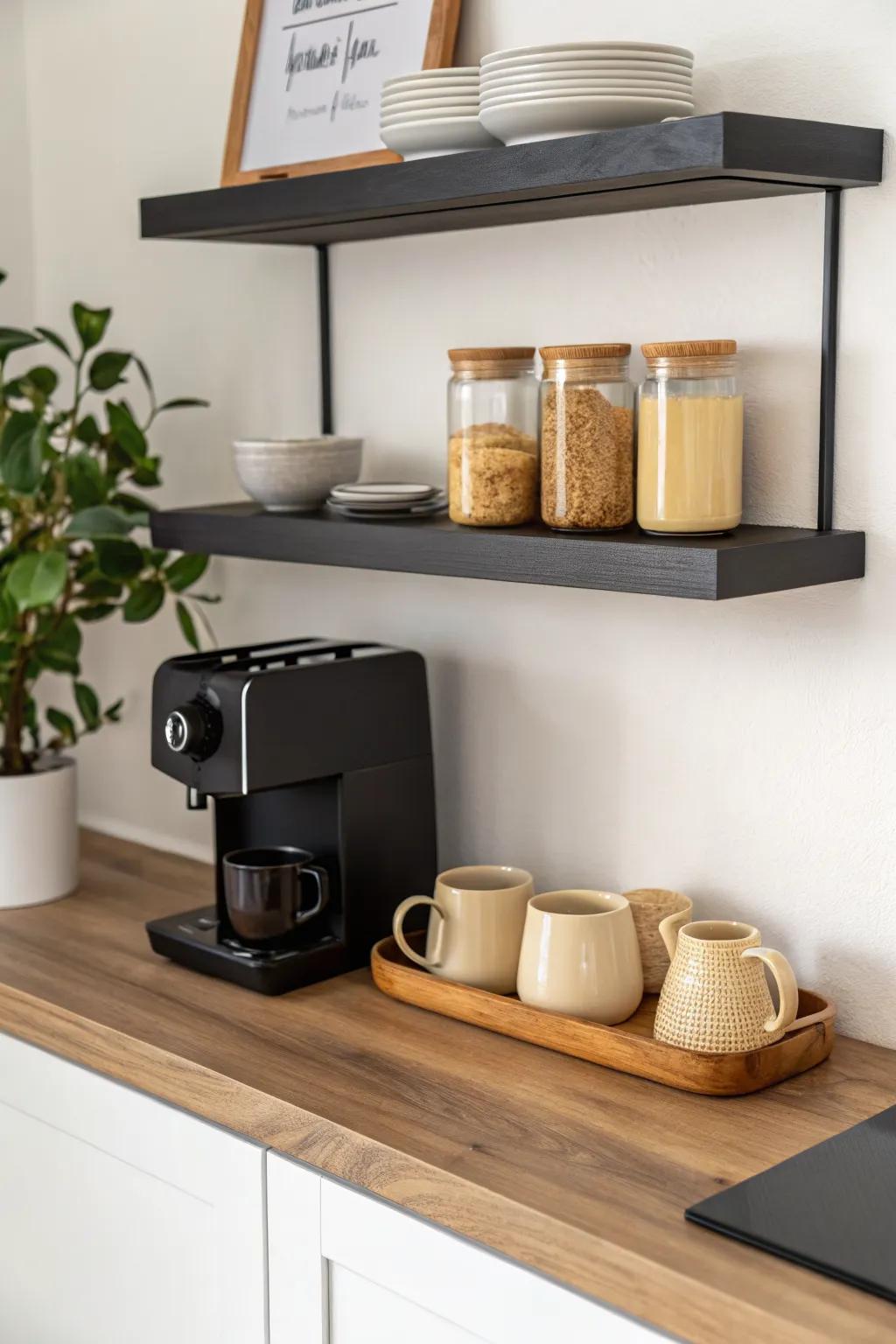 Matte black floating shelf above a warm wood coffee nook—clean styling with cozy contrast.
