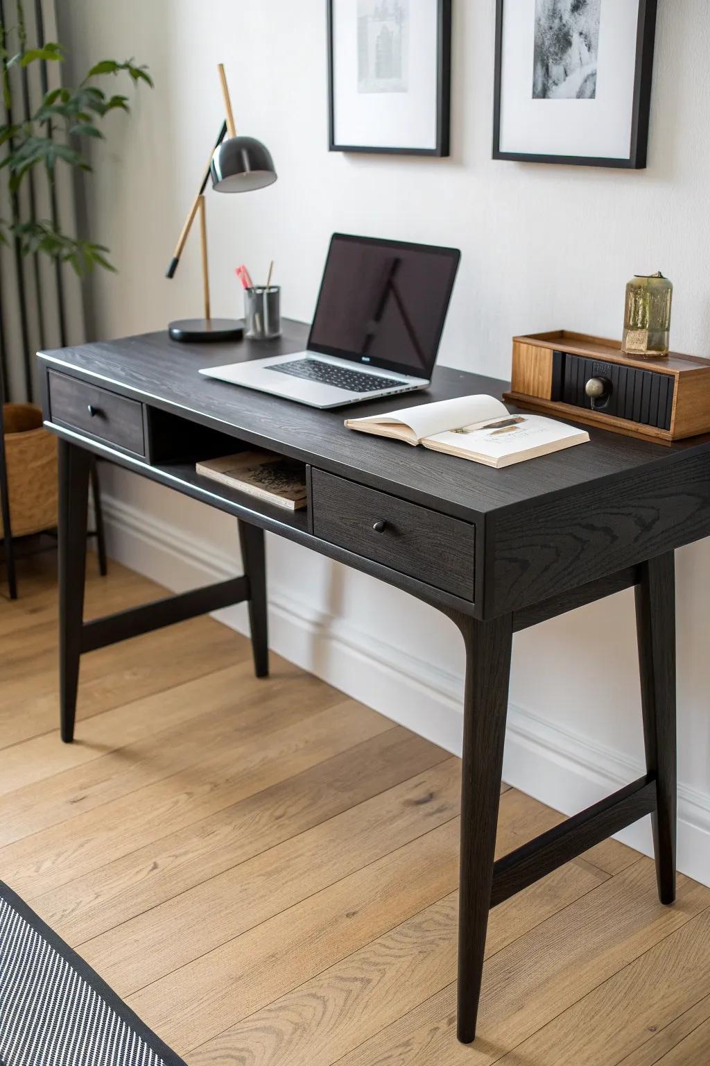 A matte black handcrafted desk brings instant focus—pair with light wood tones for balance.