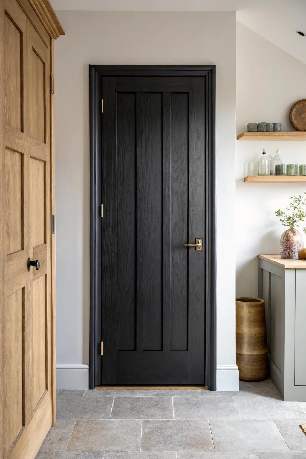 Matte black pantry doors feel soft and calm—plus they hide fingerprints in a busy kitchen.