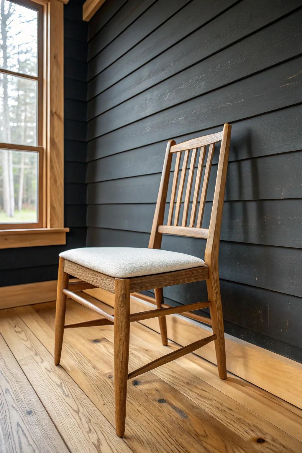 Matte black shiplap + warm oak craftsmanship: modern farmhouse texture with a cozy, tidy feel.