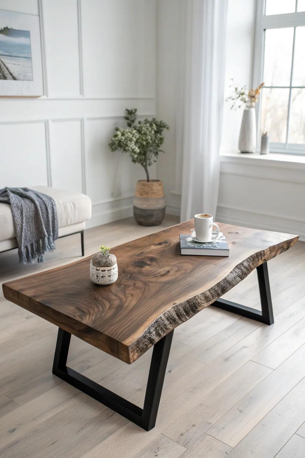 A thick live-edge black walnut coffee table that turns swirling grain into functional art.