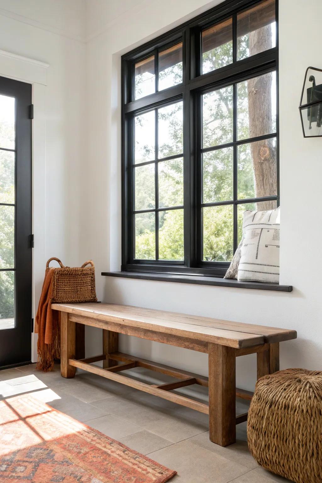 Black window frames + white walls: a warm oak bench brings instant contrast and cozy calm.