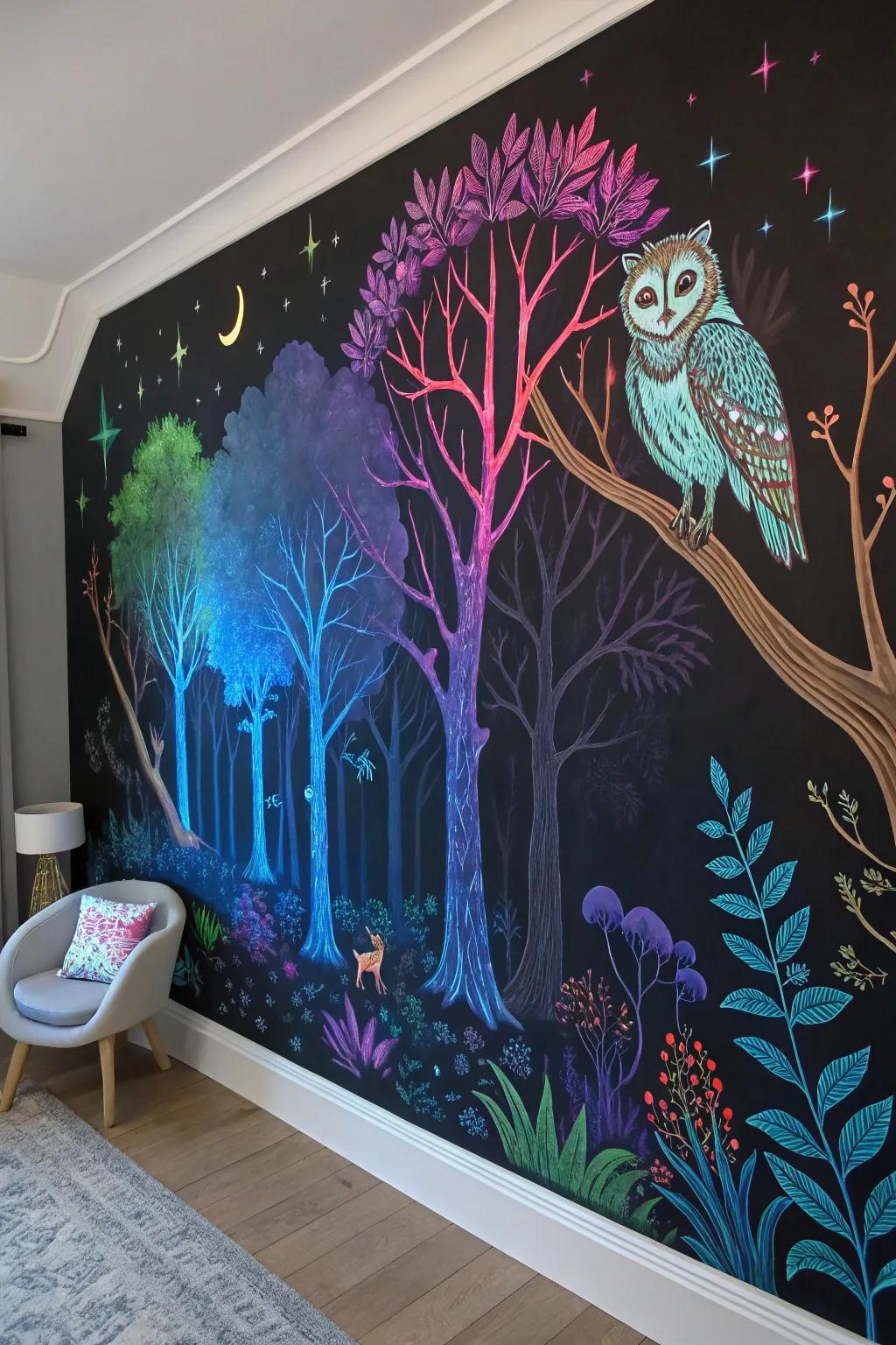 Step into a mystical forest where colors come alive under the glow of blacklight, transforming your space into a captivating storybook scene. #MysticalMurals #BlacklightArt