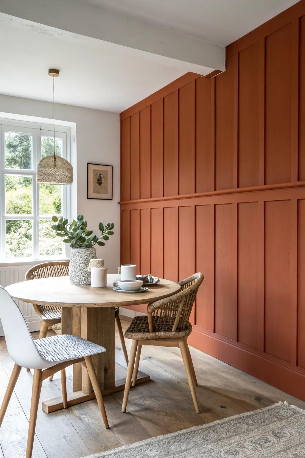 Floor-to-ceiling board & batten turns one dining wall into a dramatic, custom-built backdrop.