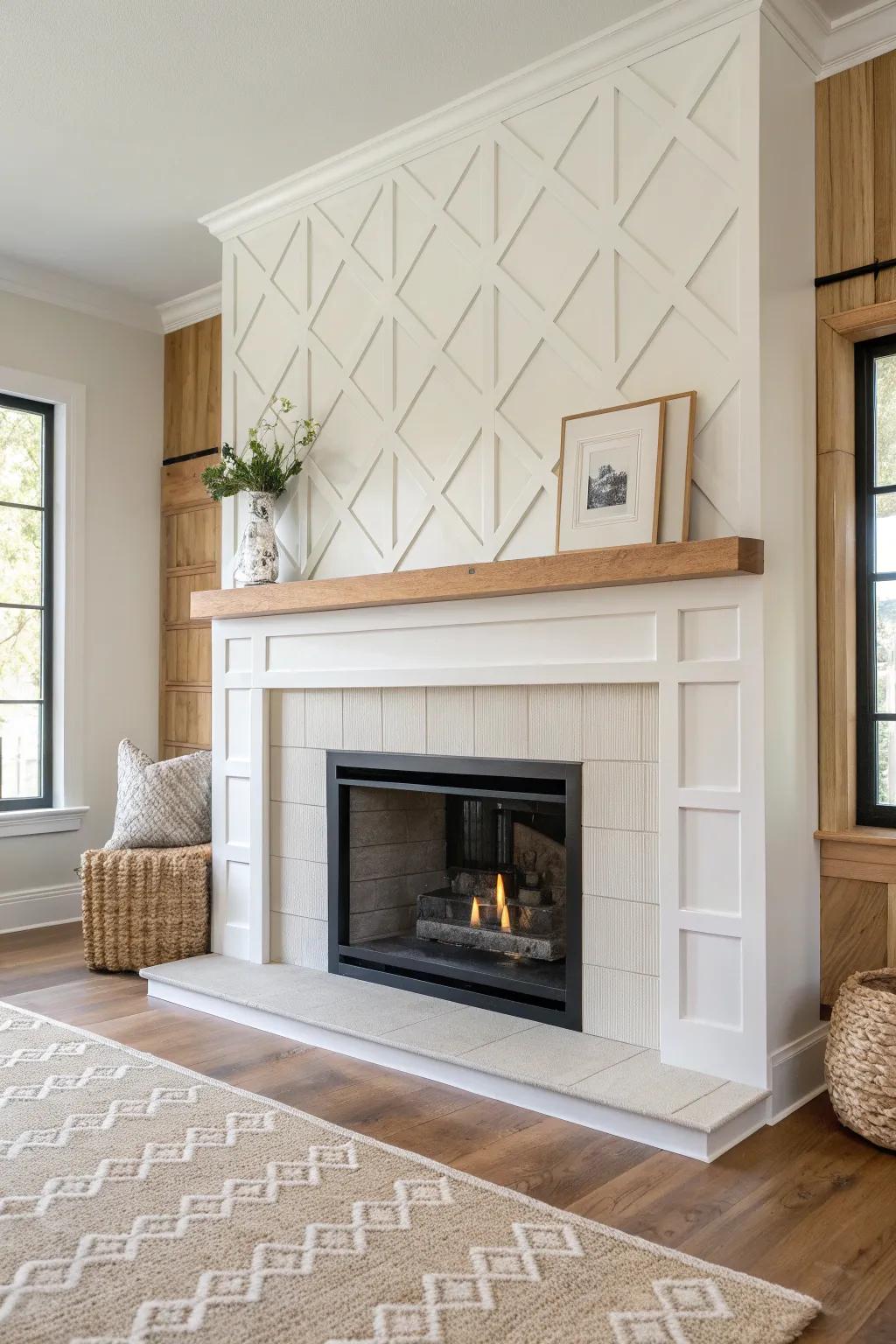 Timeless board-and-batten grid fireplace for a balanced, classic look with bold contrast.