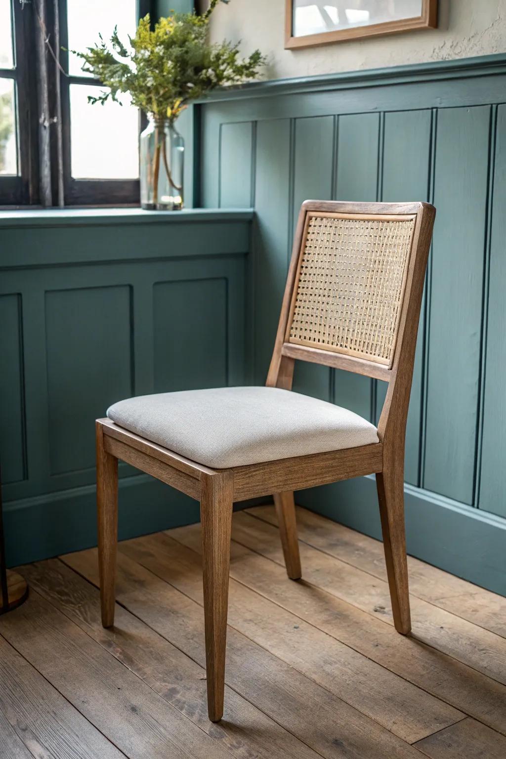 Moody painted board-and-batten wainscoting makes a simple oak dining chair feel luxe.