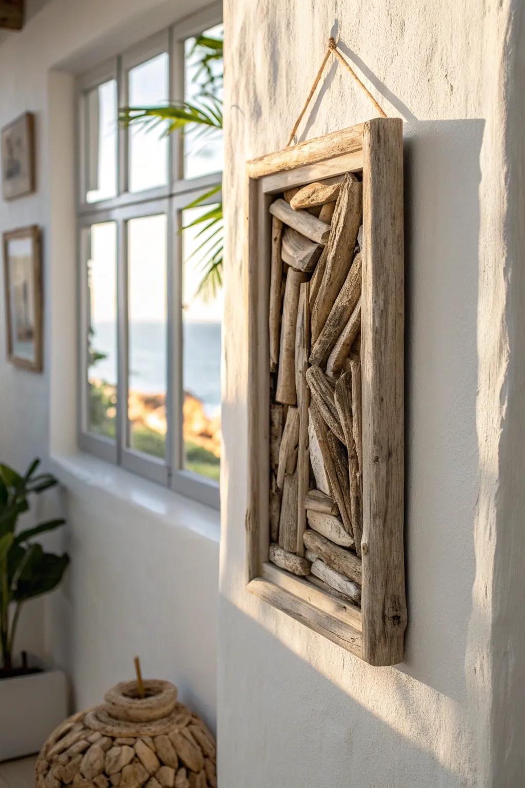 DIY driftwood gallery frame: coastal texture, clean lines, and a hint of boho warmth.