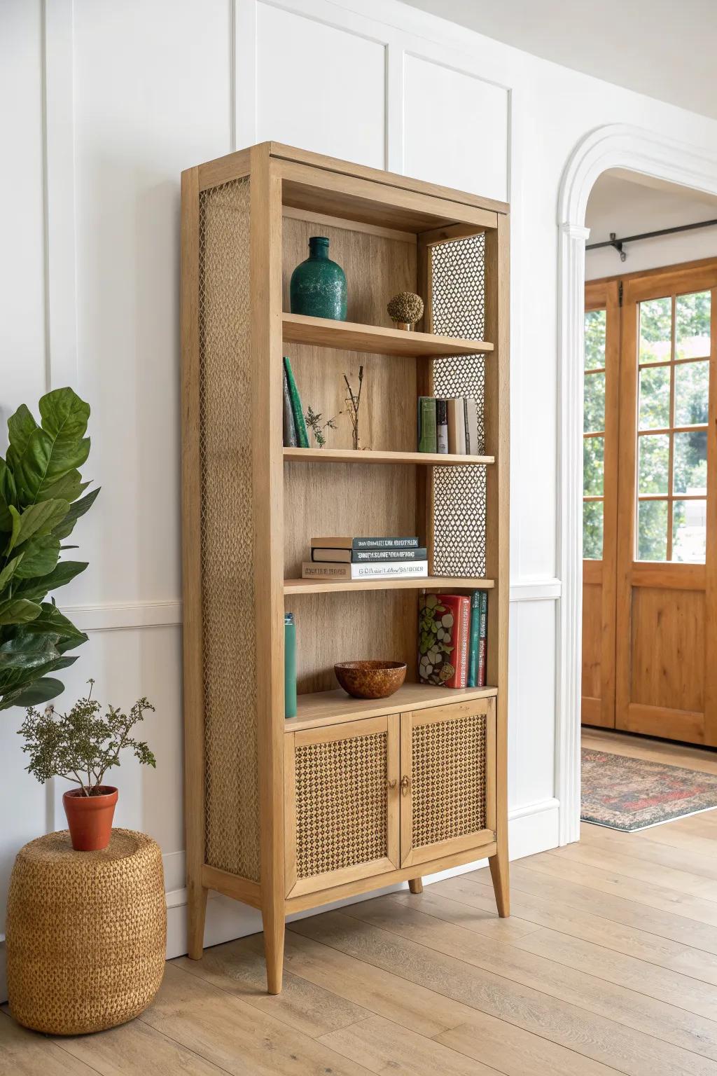 Light oak cane-back bookcase—breezy boho texture with crisp Scandinavian simplicity.