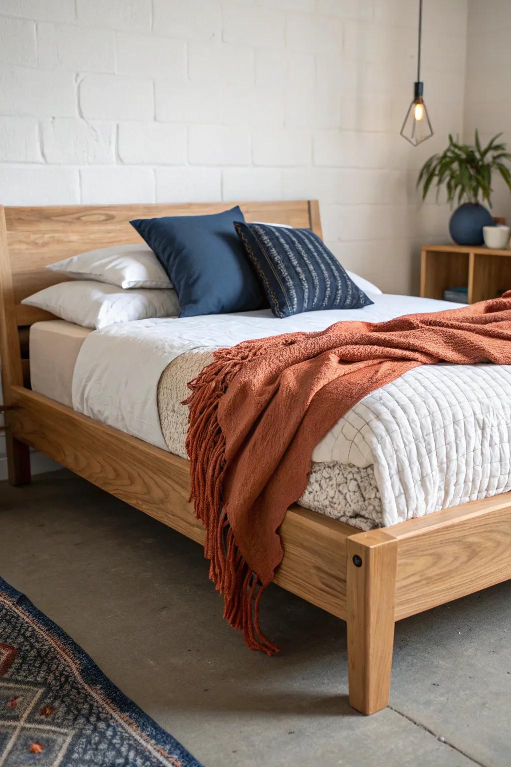 Layered linen, quilt, and chunky knit on a handcrafted oak bed for soft boho farmhouse calm.