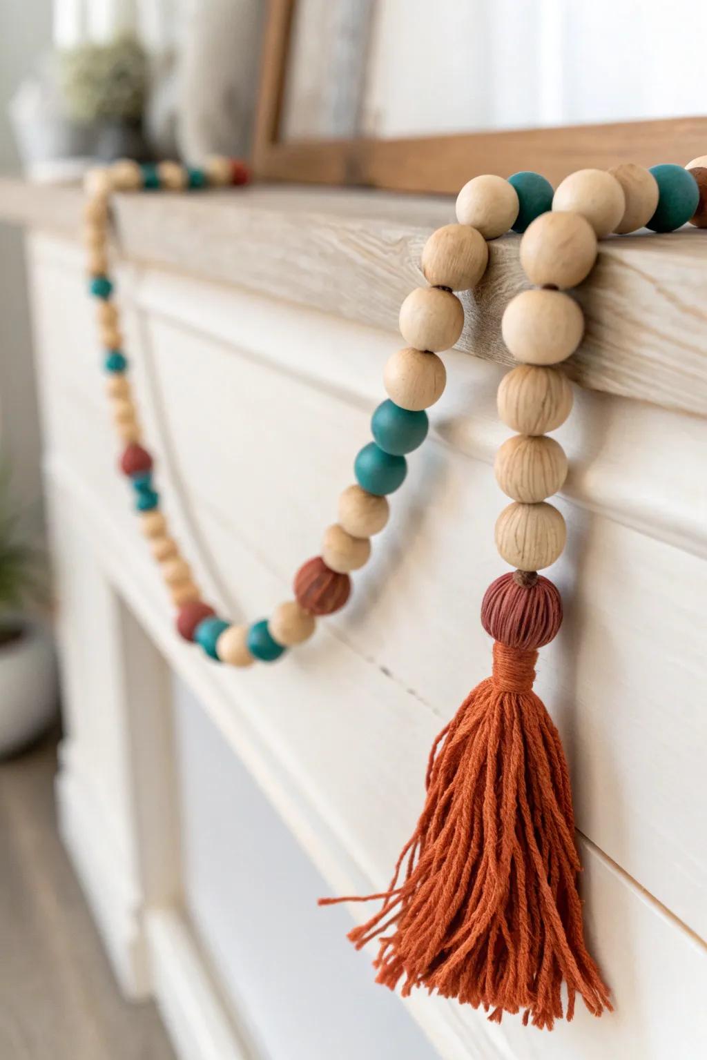 A simple wood bead garland drape adds instant boho texture—effortless and beautifully undone.