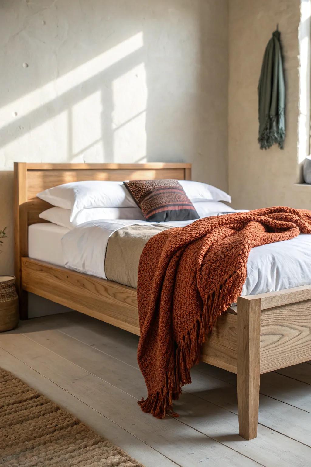 Intentionally rumpled linen on a handcrafted oak bed—layer pillows and a chunky knit throw.