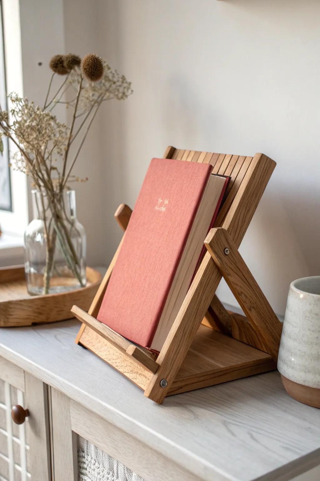 A handcrafted wooden book easel that turns one favorite cover into minimalist entryway decor.