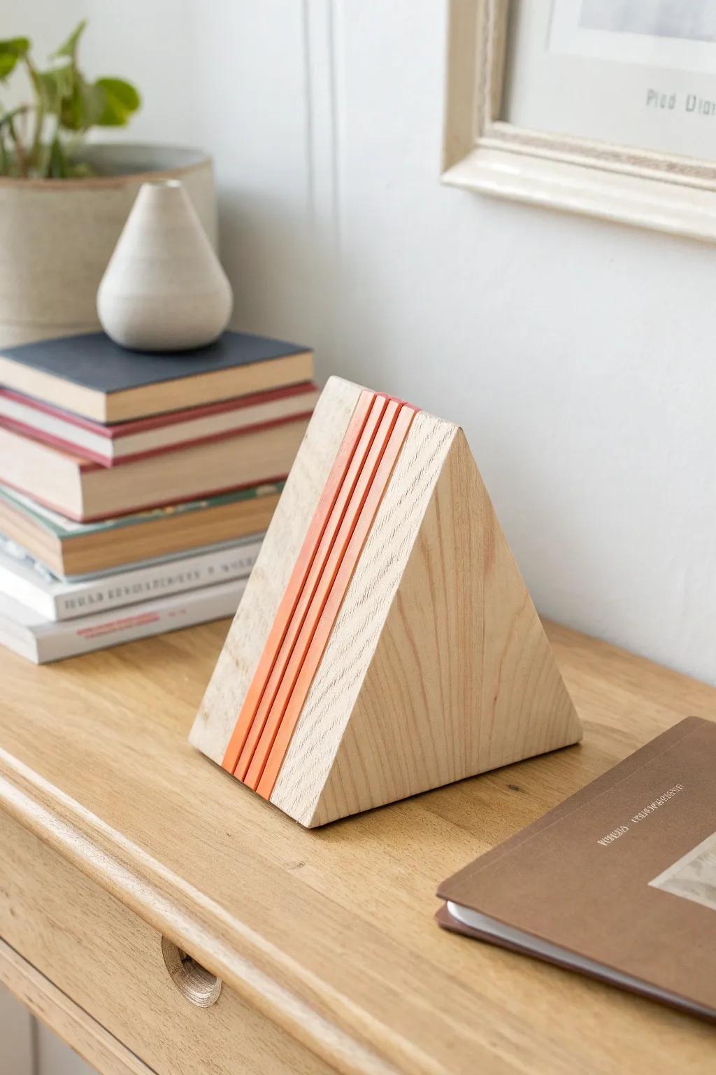 Minimal plywood triangle bookend with bold painted edge—modern, warm, and easy DIY.