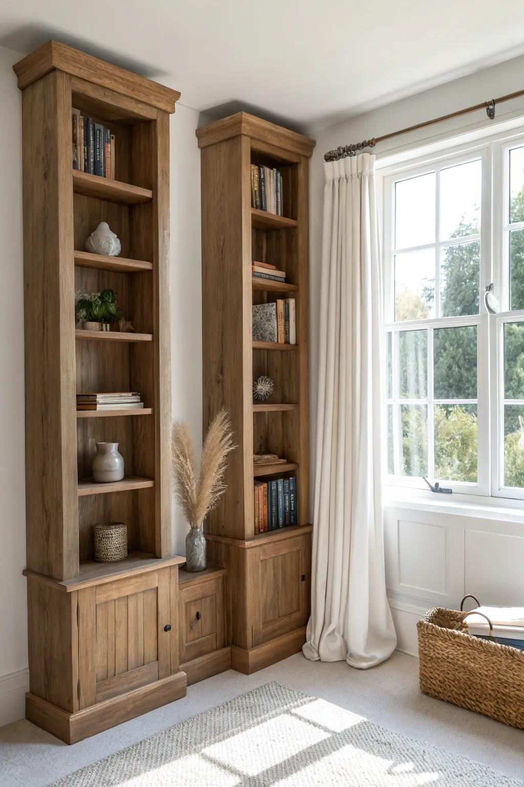 Narrow reclaimed-wood bookshelves framing a window—symmetry, warmth, and calm bedroom style.