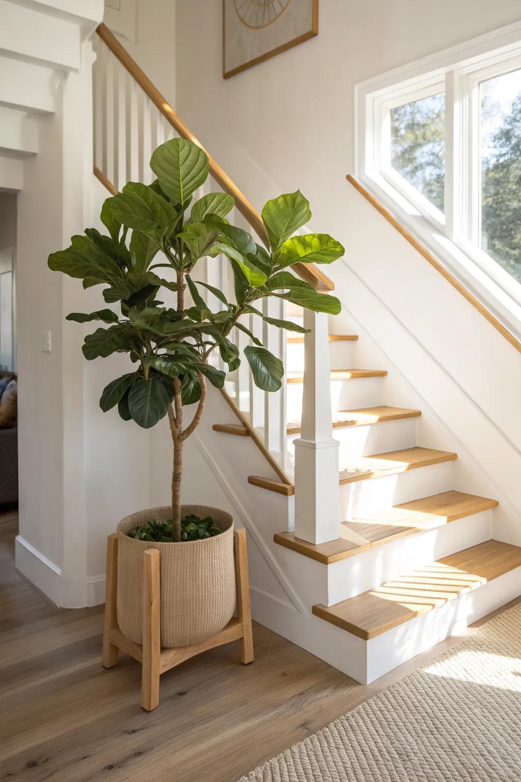 A tall statement plant in a simple wood stand brings soft height to the bottom of the stairs.