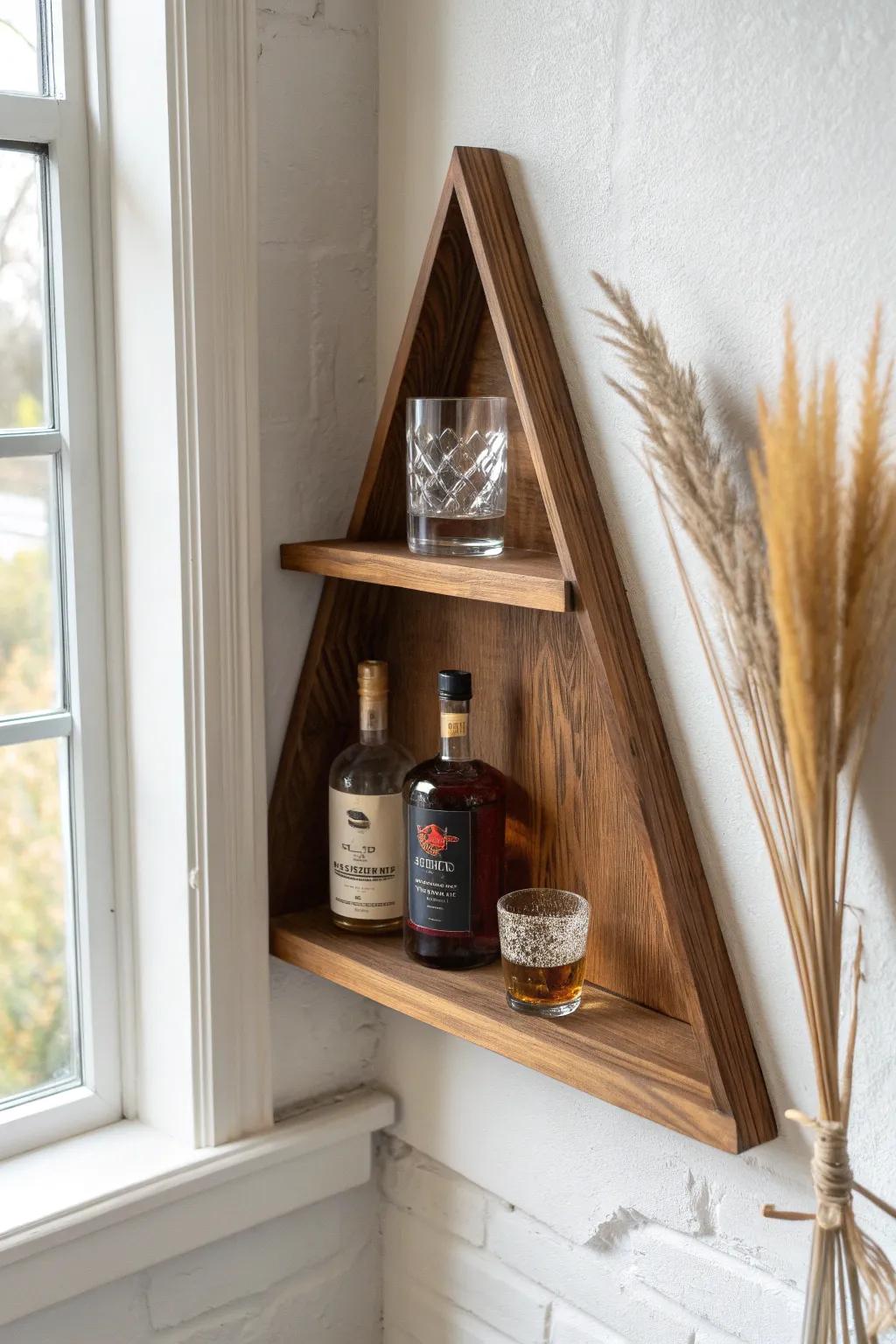 Turn dead corners into a curated bourbon moment with a sleek, handcrafted triangular shelf.