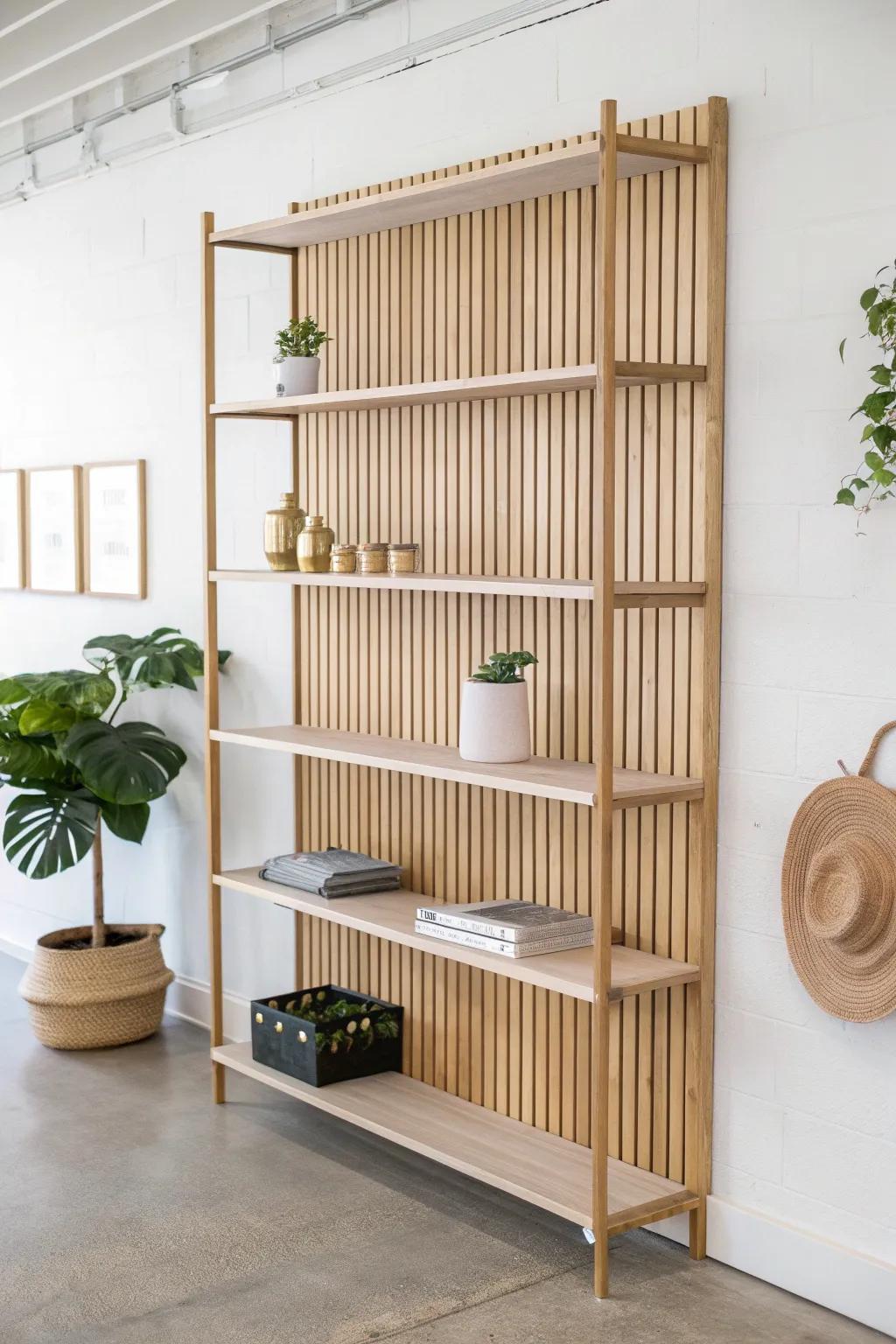 Slatwall oak shelving that shifts with your displays—minimal, modular, boutique-ready.