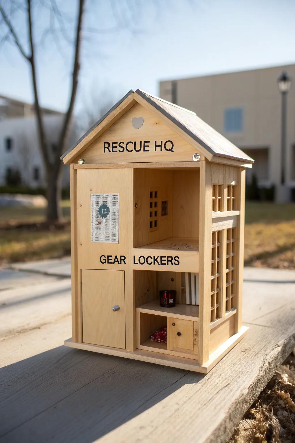 Minimal wooden dollhouse turned Rescue HQ: map wall, dispatch desk, and slim-strip gear lockers.