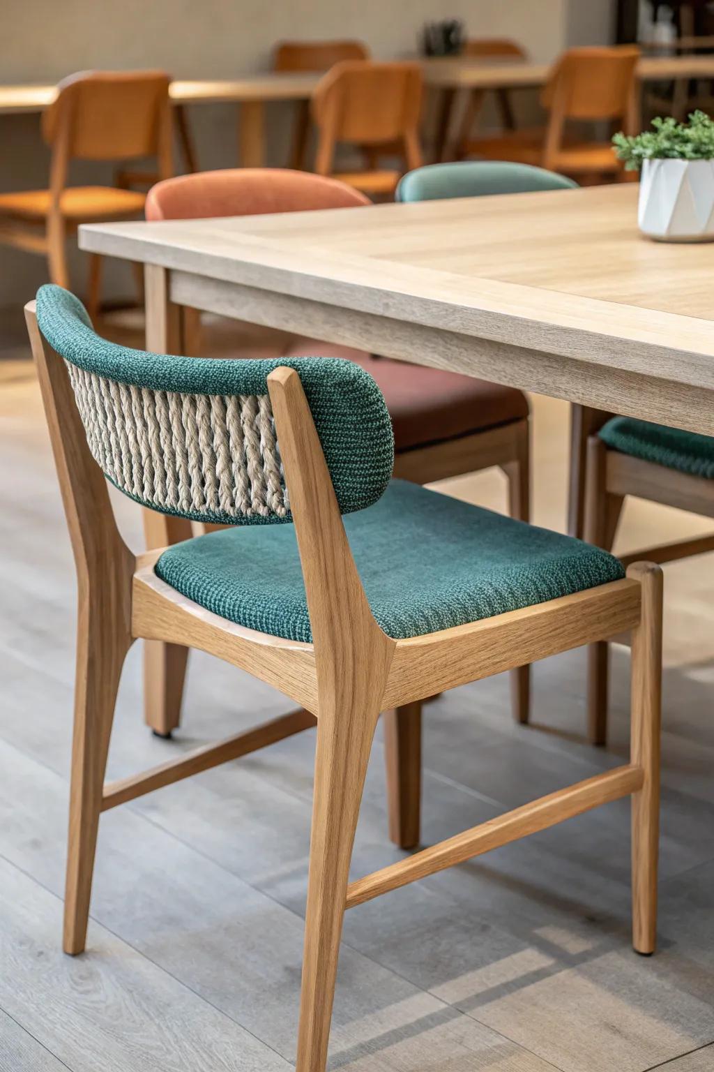 Mix-and-match chairs around one table—same palette, different shapes for a curated, cozy break room.