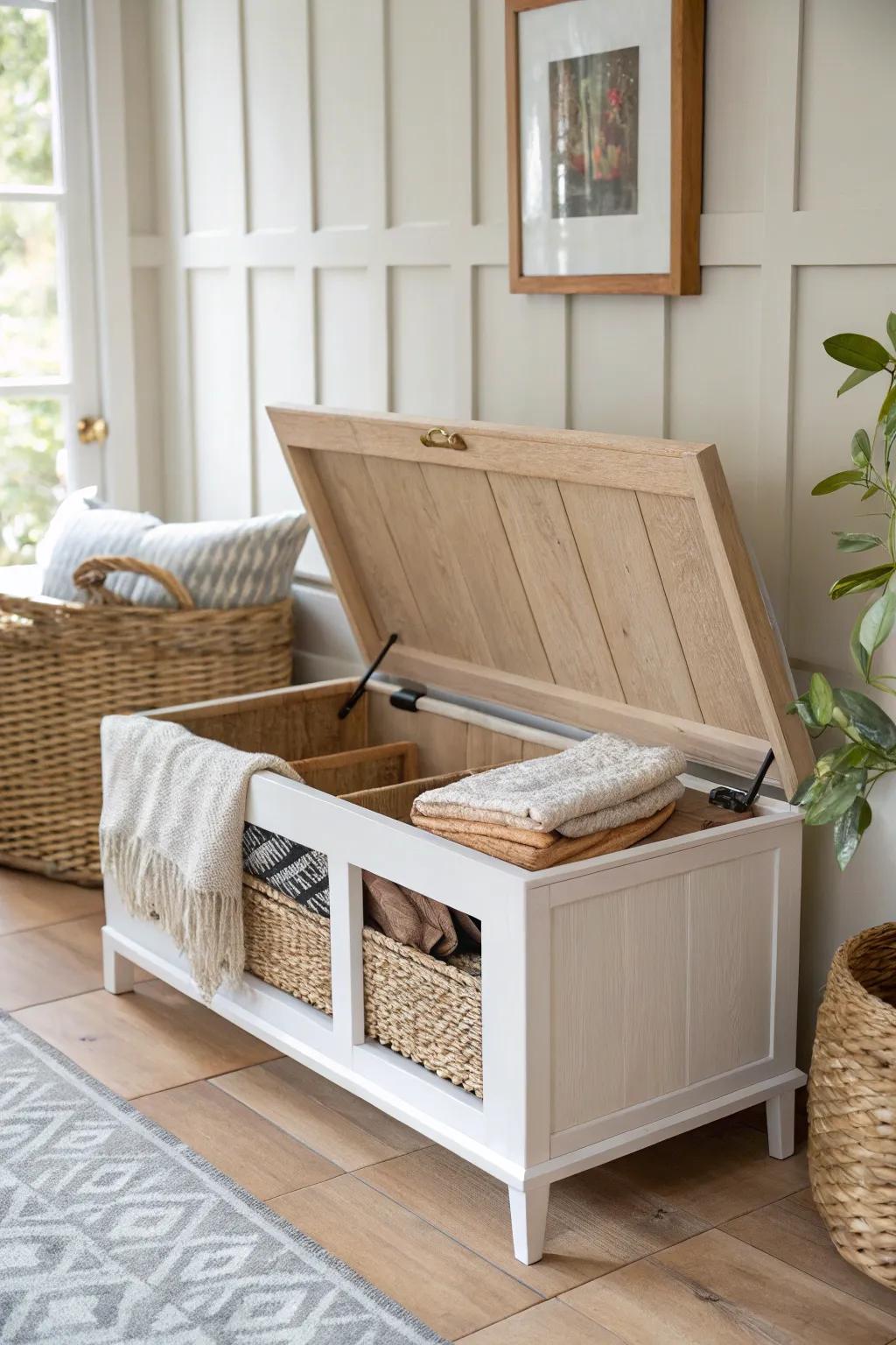 A sleek lift-top oak nook bench that hides linens and decor in beautiful, easy-access storage.