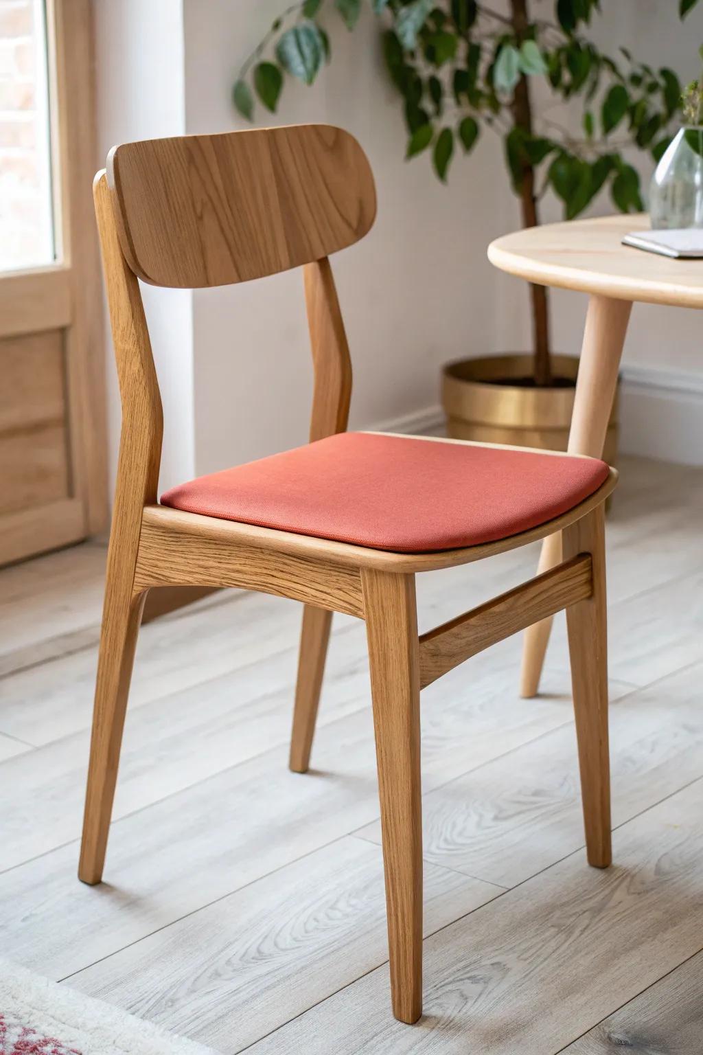 Easy-clean stackable chair in warm wood and terracotta—minimal, bold, breakroom-ready.