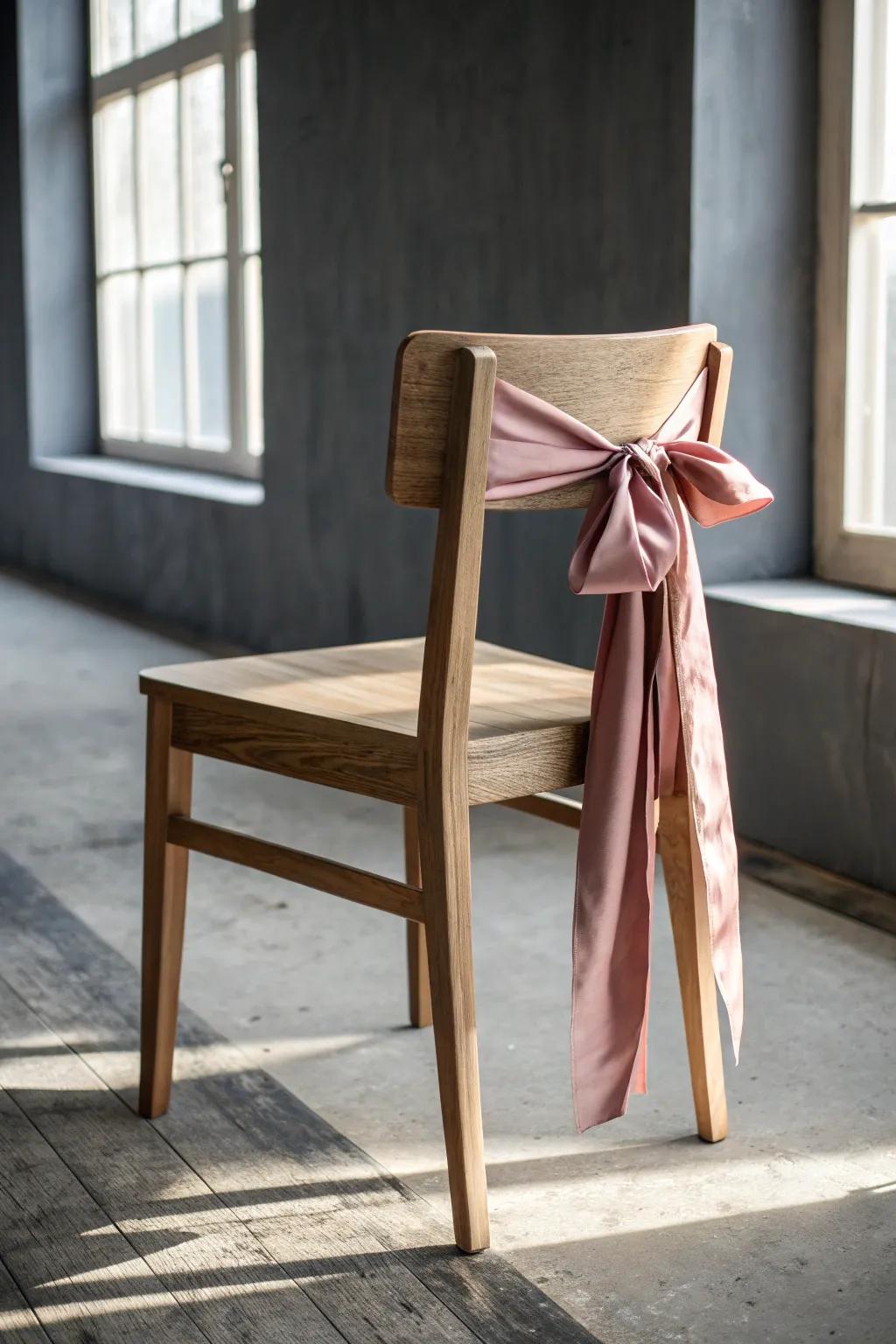A minimalist bride’s chair elevated fast—dusty-rose satin sash with an oversized bow.