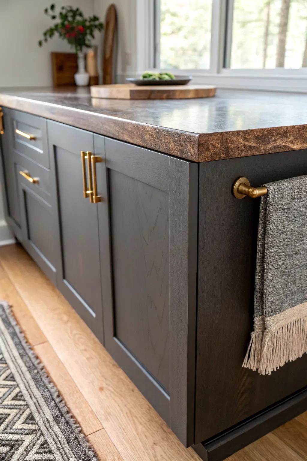Charcoal cabinets make brown stone countertops feel warmer, richer, and beautifully modern.