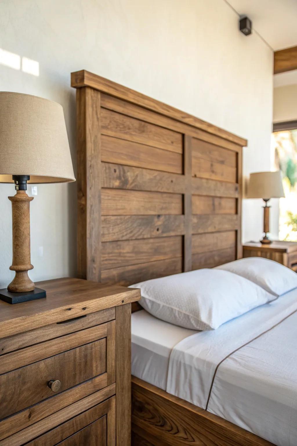 Hotel-style symmetry: a rich brown headboard framed by matching nightstands for calm luxury.
